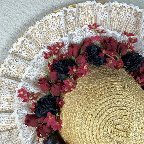 Straw and Lace Floral Bonnet Hat Spring Elegant Tea Party Derby - Picture 3 of 9